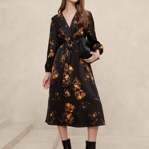 Stunning & Elegant Black and Orange Floral Dress- sleek & modern